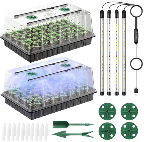 Pawfly 2 Pack Seed Starter Kit, 120 Cells, Seed Starter Trays with Adjustable Grow Light Bars & 10 CM Humidity Domes, Indoor Seedling Starter Trays, Reusable Plant Germination Trays