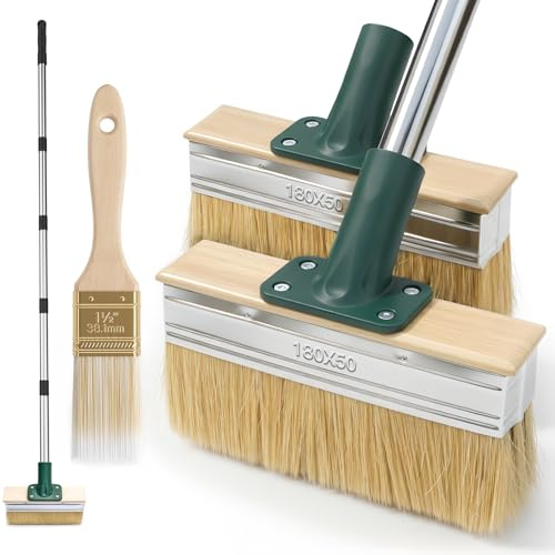 7 Decking Paint Brush Set with 60 Long Handle – 2Pcs Large Deck Brush + 1Pcs Small Brush, Deck Stain Applicator for Outdoor Wood Floor, Fence, Wall, Furniture