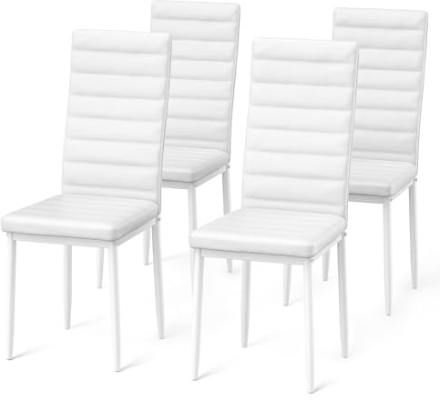Blishom Esszimmerstühle 4er Set aus PU-Kunstleder, Küchenstühle, Weiß | Pflegeleichter PU-Kunstlederbezug, Bequeme Polsterung und Hoher Rückenlehne; für Esszimmer, Küche und Wohnzimmer