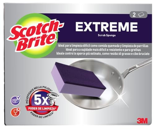 Scotch-Brite Extreme Estropajo de Cocina de Alto Rendimiento, Color Morado - Paquete de 2 Esponjas - para Limpiar Ollas, Sartenes y Bandejas de Horno