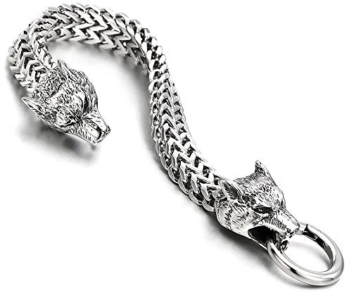 COOLSTEELANDBEYOND Biker Herren Wolf Kopf Franco Link Panzerkette Armband aus Edelstahl mit Federringverschluss