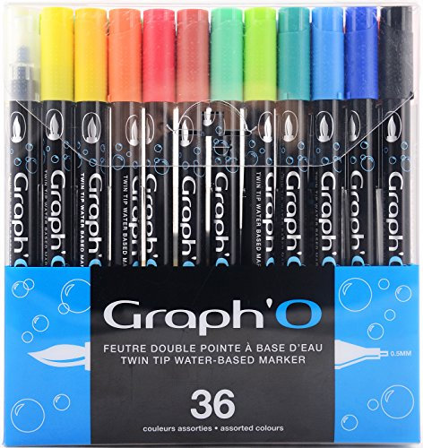 GRAPH'O Set mit 36 Stiften mit Doppelspitze für Zeichnen, Illustration und Aquarellfarben, extra feine 0,5 mm Spitze und weiche Pinselspitze