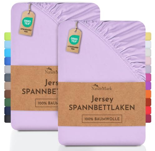 NatureMark 2er Pack Jersey Spannbettlaken, Spannbetttuch 100% Baumwolle in vielen Größen und Farben MARKENQUALITÄT ÖKOTEX Standard 100 | 120x200 cm - Flieder/Lavendel
