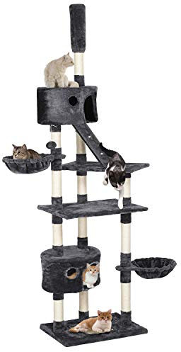 Yaheetech Arbre à Chat XXL Géant Griffoir Grattoir Hauteur de 228 à 255 cm 2 Hamacs 2 Condos 3 Plateformes 2 Troncs en Sisal Gris