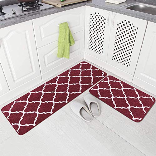 Carvapet 2 Pieces Non-Slip Kitchen Rugs Machine Washable Moroccan Pattern Doormat Kitchen Floor Mat (Red)