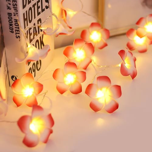 Fantasee Plumeria Lichterkette, künstliche Plumeria-Blumen, LED-Lichterkette, batteriebetrieben, Lichterkette für Schlafzimmer, Hochzeit, hawaiianische Dekoration (rosa weiß, 40 LED)