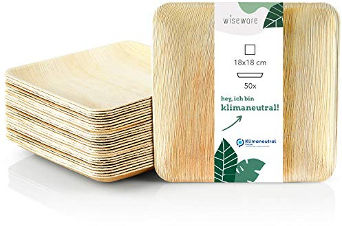 Wiseware Palmblatt Teller - 50 Stück Einwegteller quadratisch 18 x 18 cm - biologisch abbaubares Palmblattgeschirr - kompostierbares Partygeschirr - Bio Einweggeschirr (50, 18 x 18 cm)