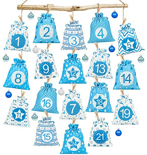 Adventskalender zum Befüllen Blau, Stoff Adventskalender Groß, 24 Adventskalender Säckchen 2024, Adventskalender Selbstbefüllen Stoff XXL, Weihnachtskalender Stoffsäckchen Selber Basteln Männer Junge