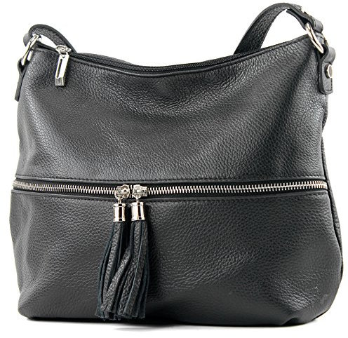modamoda de T159 Damen Leder Umhängetasche Schultertasche Medium handmade in Italy, Farbe:Schwarz2021