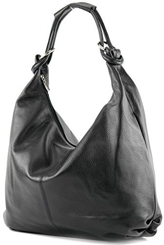 modamoda de 337 Damen Leder Schultertasche Shopper Large handmade in Italy, Farbe:Schwarz