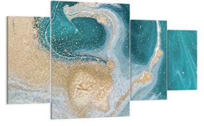 ARTTOR Bilder auf Leinwand 160x90cm Leinwandbild Golden Türkis Hintergrund Groß XXL Wanddeko Bild Schlafzimmer Set 4 teilige Wandbilder Dekoration Wohnzimmer Canvas Wand Kunstdruck Art DL160x90-4969