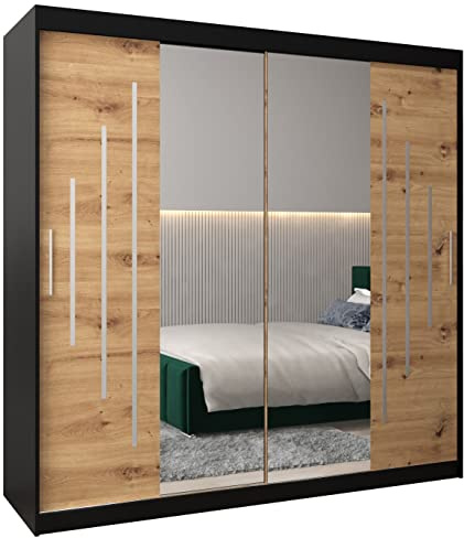 MEBLE KRYSPOL York 1 200 Schlafzimmerschrank mit Zwei Schiebetüren, Spiegel, Kleiderstange und Regalen – 200x200x62cm - Mattschwarz + Artisan