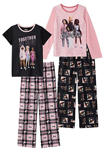 Barbie Mädchen-Schlafanzughose und Schlafshirt-Set für Kinder, 4-teiliges Nachtwäsche-Set für Mädchen, Hellrosa-Schwarz, 8