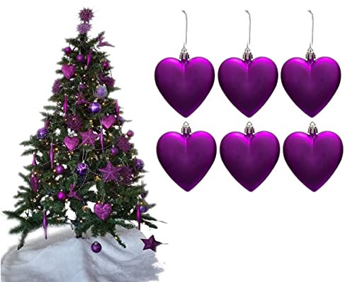 6pc Large Heart Xmas Baubles (Matte) - Great Christmas Tree Decorations, Heart Baubles (Dark Purple)
