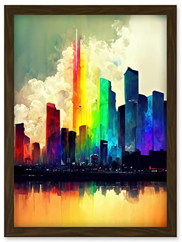 Doppelganger33 LTD Glass City Of Rainbow Reflections Cityscape Artwork Framed Wall Art Print A4