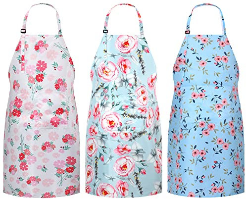 Yinkin 3 Stück Backschürze in Übergröße, 99 x 99 cm, Kochschürzen für Frauen mit Taschen, florale Damenschürzen, mit verstellbarem Riemen und Taillenbändern für Küche, Gartenarbeit, Frauen, Mädchen