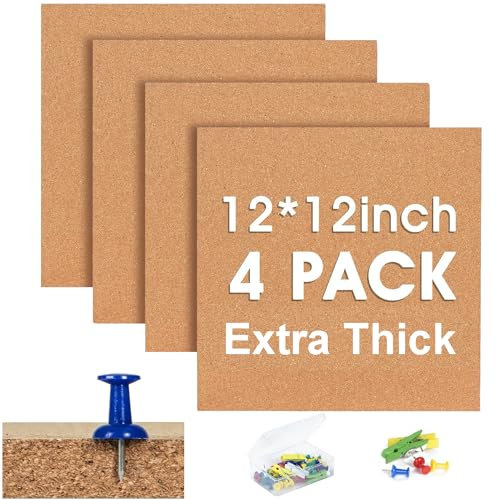 SVOPY Lot de 4 tableaux d'affichage carrés en liège extra épais 30,5 x 30,5 cm pour décoration de maison, bureau, école
