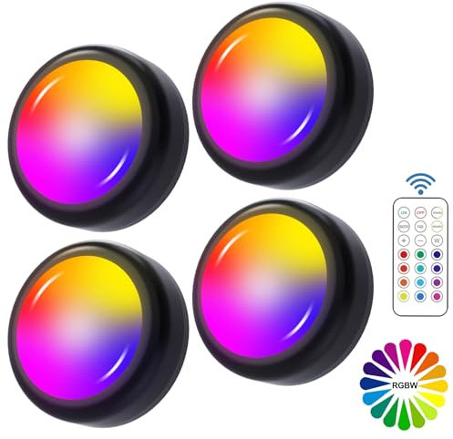 Cadrim Luci Armadio Luce Notturna Lampada Armadio RGBW 4PZ LED Multicolore Illuminazione 13 Colori 2 Modalità Luminosità Regolabile RGBW Lampada Senza Fili Adesiva 2 Telecomando Manuale Timer Vetrina