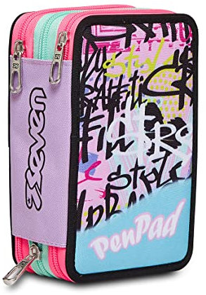 Seven Federmäppchen, Mäppchen, mehrfarbig, Federtasche für Schreibwaren, Etui mit Stiften, Kugelschreiber, & mehr, 3 Fächer, Mädchen & Jungen, Schule - Grundschule, XXL, Muster