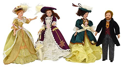 iLAND Puppenhaus-Puppen 1:12 Maßstab, Mini Puppen im viktorianischen Stil, Porzellan-Spielfiguren-Set (Edel 4 Stück)