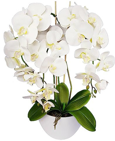 Damich Künstliche Orchidee im Blumentopf Pflanze Künstliche Blume Kunstorchidee Dekoration 3-Blütenzweige Höhe ca. 60cm (Weiß)