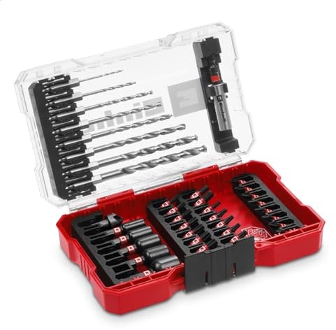 Einhell M-Case - Juego de accesorios de 39 piezas resistentes a los impactos (brocas de 25 mm, brocas de metal, soporte de brocas de 60 mm, llave de vaso, avellanado, incluye caja de almacenamiento)