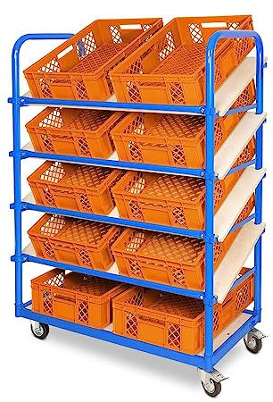 BRB Schrägboden-Regalwagen mit 5 Ebenen, bestückt mit 10 Euroboxen BxTxH 600x400x150 mm, durchbrochen, BxTxH 1050x500x1450 mm (orange)