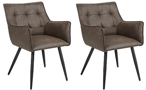 WOLTU Esszimmerstühle 2er-Set, Sessel, Küchenstuhl, Polsterstuhl, Stuhl mit Armlehnen Rückenlehne, Wohnzimmerstuhl mit Kunstlederbezug, Metallbeine, für Esszimmer Küche, Dunkelbraun, BH375dbr-2