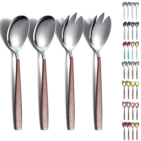 Evanda Cubiertos para servir ensalada, Set de Servidor de Ensalada de Acero Inoxidable con Mango Marrón y Cabeza de Plata Brillante, Cuchara de Ensalada, Servidor de Ensalada, Pack de 4