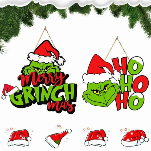 2 cartelli natalizi in legno da appendere alla porta con Grinch, per interni ed esterni (Natale Grinch-3)