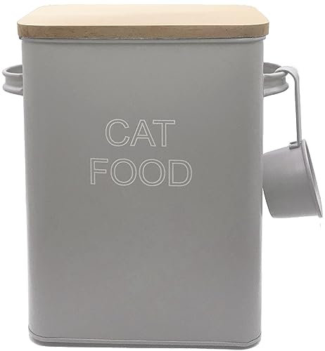Cat Food Storage Tin with Wooden Lid with Scoop Non Slip Pads Grey