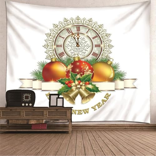 AMDXD Tapisserie Wandbehang Weihnachten 260x240CM, Weihnachtsmotiv Uhr Happy New Year Wandbehang Dekorativer Großer Strandtücher in Polyester, Weiß