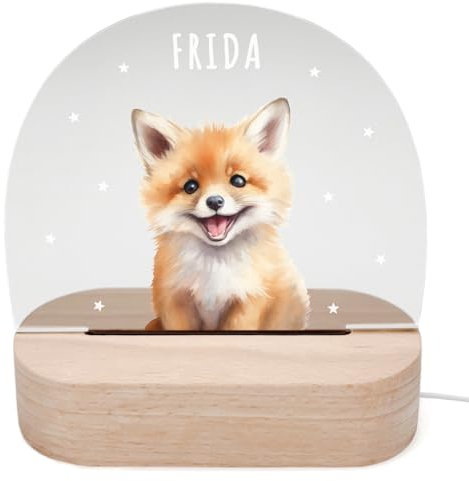 DEL MÀ Unique & Personal Personalisiertes Fuchs Nachtlicht Kinder & Babys Babyzimmer Deko Kinderzimmer Nachtlampe Mädchen Jungen Kinderlampe Inkl. Holzfuß & Netzteil