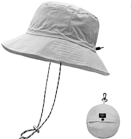lifwimner Imperméable Pêche Chapeaux,Chapeau de Soleil pour Femme,Seau Pluie Chapeau Menton Lacets Séchage Rapide Packaging Boonie Safari Outdoor UV(Gris Clair)