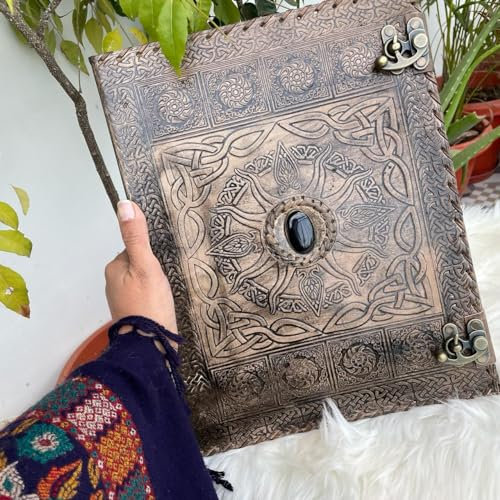 Handborncraft Lederordner mit 3 Ringen, personalisierbar, Sonne mit Steinprägung, Braun oder Schwarz, hält A4/Briefpapier, 200 Seiten, 3 Löcher