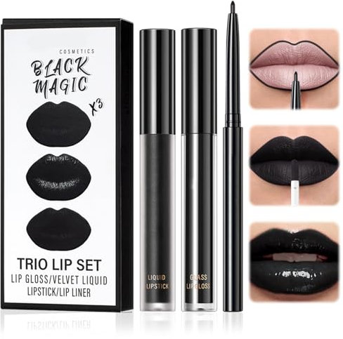 KDJXZ Black Lipstick Black Lip Liner Black Lipstick Matte Waterproof Long-Lasting Moisturizing Velvet Lip Gloss One-Step Lip Makeup Set for Everyday Makeup and Holiday Gifts