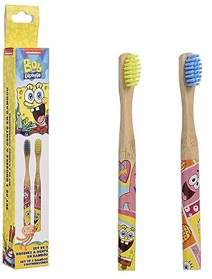 SpongeBob - Kinderzahnbürste aus Bambus [2x2er-Set] - Schonend für das Zahnfleisch - 100% BPA-frei - Bambuszahnbürste-Umweltfreundliche Handzahnbürste