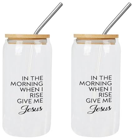 Yelolyio Glasbecher mit Bambusdeckel und Strohhalmen in The Morning When I Rise, Give Me Jesus, Glasbecher, Dose, Bierbecher, Muttertagsgeschenk, Tassen, ideal für Boba-Tee, Whiskey, Wasser, 2 Stück