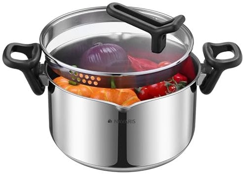 Navaris Marmite Tous Feux - Faitout Induction avec Couvercle et Passoire Intégrée - Grand Fait Tout 28 cm en Acier Inoxydable - Capacité 5,3 L - Inox Compatible Lave-Vaisselle