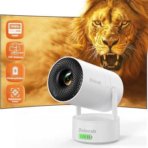 Polocsh Mini Beamer mit Akku, Beamer mit Android 11.0, Electric Fokus Projektor 4k Integriert WLAN6 und BT5.3, Portable Beamer mit 200-Zoll Bild und 270° Drehung, 1080P Mini Beamer 4K Support mit HDMI