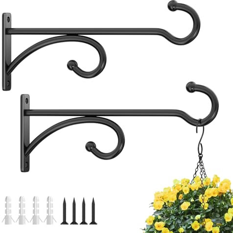 Pickpiff 2 Pcs 8-Inch Planter Hooks - Hanging Plant Hooks, Indoor/Outdoor, Wall Mounts for Plants, Baskets, Wind Chimes, Bird Feeders (Black Metal)