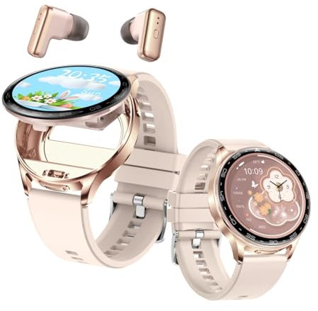 Watch Buds, Smartwatch and Headphones 2-in-1, Noise Cancellation, 1.39 Inch Round Display, Fitness Tracker with Blood Pressue Heart Rate Sleep Monitor Calories, for iOS Android Phone (Rose Gold)