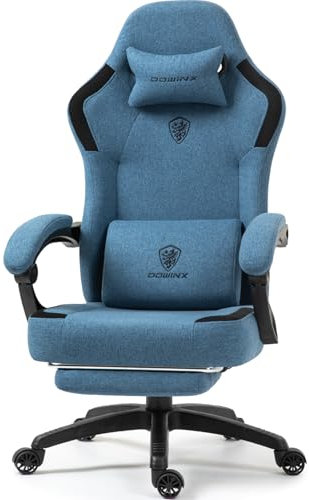 Dowinx Gaming Stuhl Stoff mit Frühling Kissen, Massage Gaming Sessel mit Fußstütze, Ergonomischer PC Stuhl Gamer Stuhl Bürostuhl 150 kg Belastbarkeit, Blau