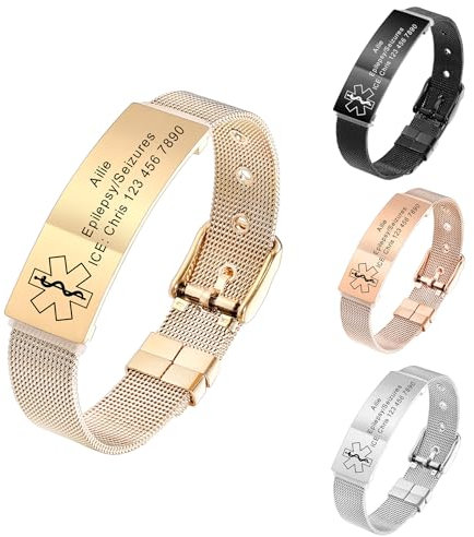 MeMeDIY Personalisierte Medizinische Alarm Armbänder für Frauen/Männer Verstellbare Silikon Wasserdichtes Armband/Armbänder aus Edelstahl mit Eingraviertem Medizinische ID Alert Info Style-D3