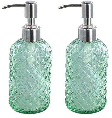 YILANJIN Seifenspender Set, 2 Stück 400 ml Flüssigseifenspender aus Glas mit Edelstahl-Pumpe, Geschirrflaschenspender für Badezimmer, Handseifenspender Durchsichtig für Küche, Bad, Waschküche (Grün)