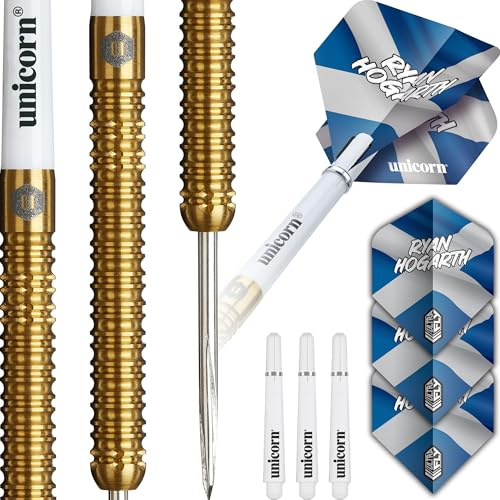 Unicorn Darts Set Global | Ryan Hogarth | 95% Tungsten Barrels with Golden PVD Coating & Intricately Machined Grip Rings | Durable Stunning Ultrafly Flights | Steel Tip Volute Points | 23 g