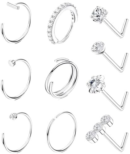 XENQITO 10 Stück Nasenpiercing Ring Stecker Silber 20G L Form Nasenpiercing Ring Dünn Chirurgenstahl Kleine Nasenring Hoop Nose Ring Helix Ring Septum Ringe Silber Nasenpiercing Set Zähnung Schmuck