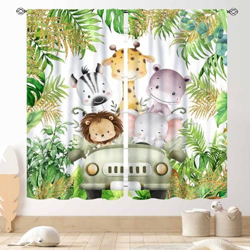 TKUYO Vorhänge mit Dschungel-Safari-Tieren, Cartoon-Tiere, Löwe, Giraffe, Elefant, Wald, tropisches Blatt, grün, Fenstervorhang für Kinder, Jungen, Mädchen, Baby, Wohnzimmer, Schlafzimmer,