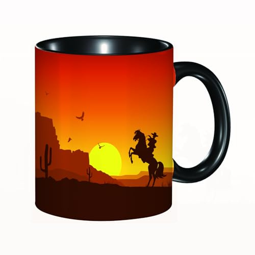 HRRASFAZF Tasse à Café | Tasse Céramique Fine | Cadeau Original | 330ml | Mug avec Anse | Cadeau Original pour Homme et Femme | Ouest, désert américain du Far West avec cow-boy à cheval, cactus au co