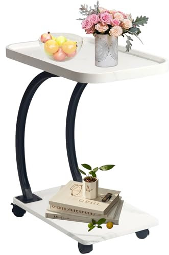 Beistelltisch C Form | Beistelltisch Couch mit Rollen | Kleiner Couchtisch Holz haben Metallgestell | Industrie-Design 52 X 34 X 60 cm | Beistelltische fürs Wohnzimmer für Kaffee und Laptop (Weiß)